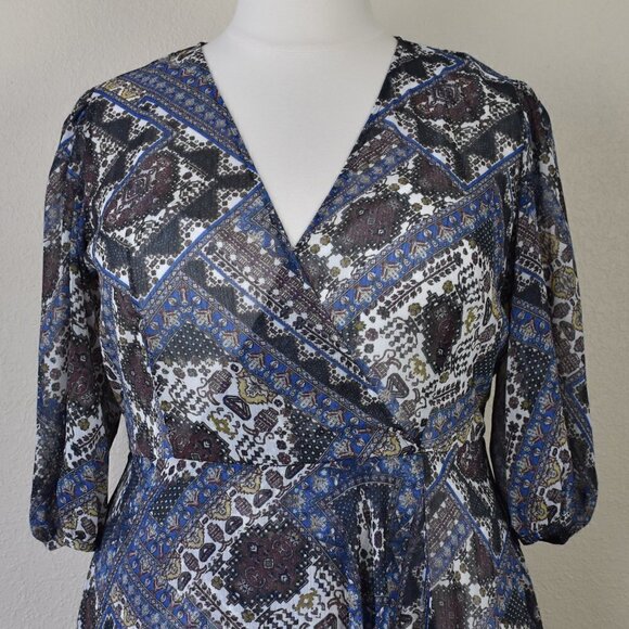 Calvin Klein Faux Wrap Chiffon Printed High Low Dress 16 NEW - Picture 2 of 9
